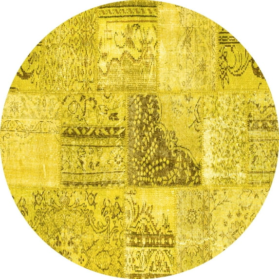 Ahgly Company Machine Washable Indoor Round Patchwork Yellow Transitional Area Rugs, 4' Round