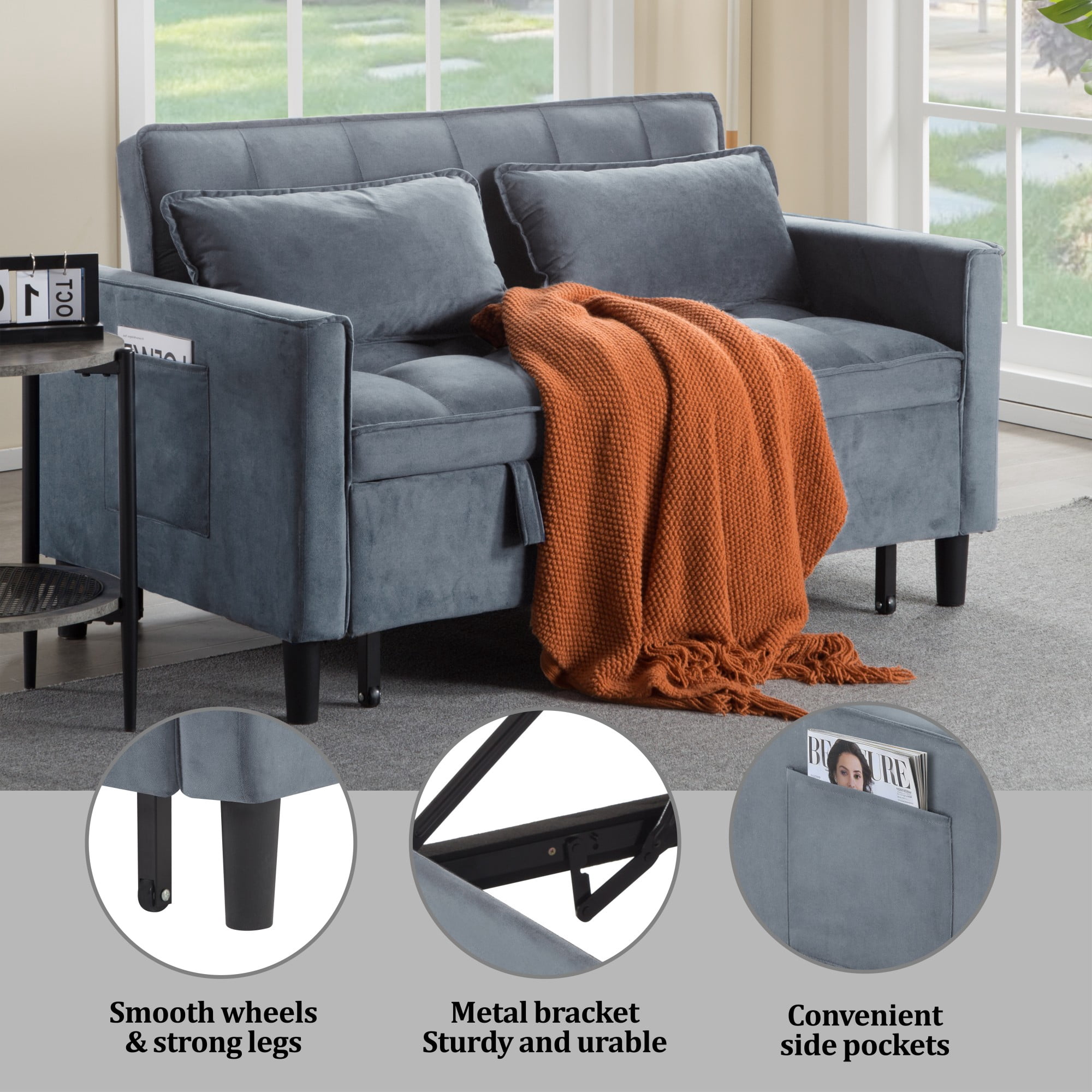 Gewnee 53.94" Pull-Out Sofa Bed – Convertible Twin Size Sleeper Bed,3 Adjustable Backrest Angles & Storage Side Pocket for Living Room,Office,Guest Room.Gray