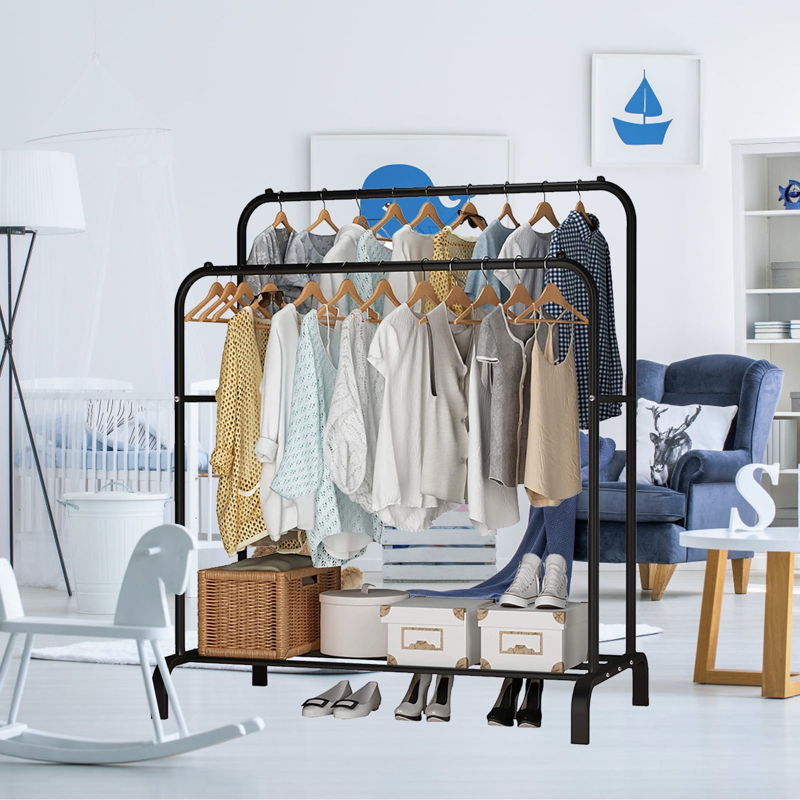 Homemart Clothes Rack without Wheels Double Garment Rack Rolling Rack for Indoor Bedroom Portable Closet 2-Pole Iron Clothes Hanger Rack Modern Garment Hanger Stand for Home