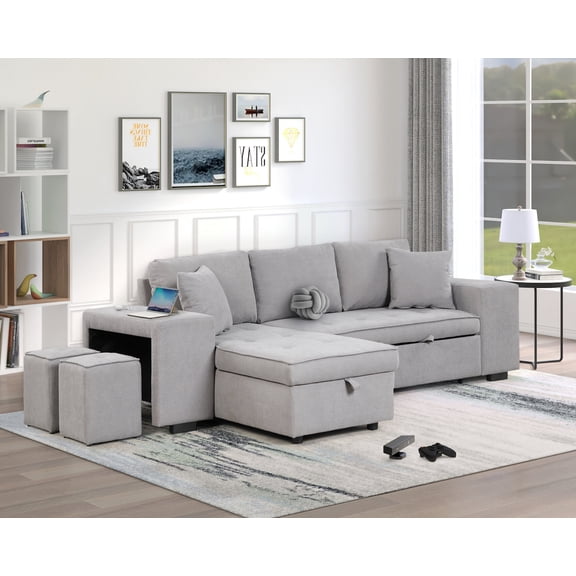 104.5Inch Modular Sectional Sofa, Convertible Pull Out Sleeper Sofa with 2 Stools and Storage Chaise, 3 Seats L-shaped Comfy Couch for Living Room and Office, Gray