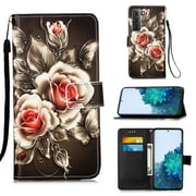 Phone Case for Samsung Galaxy S21 5G,Galaxy S30 Protective Case, Folding Flip Leather Wallet Shockproof Cover with Card Slots Kickstand Magnetic Closure Cute Girls Women Cover,Rose