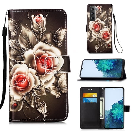Phone Case for Samsung Galaxy S21 5G,Galaxy S30 Protective Case, Folding Flip Leather Wallet Shockproof Cover with Card Slots Kickstand Magnetic Closure Cute Girls Women Cover,Rose