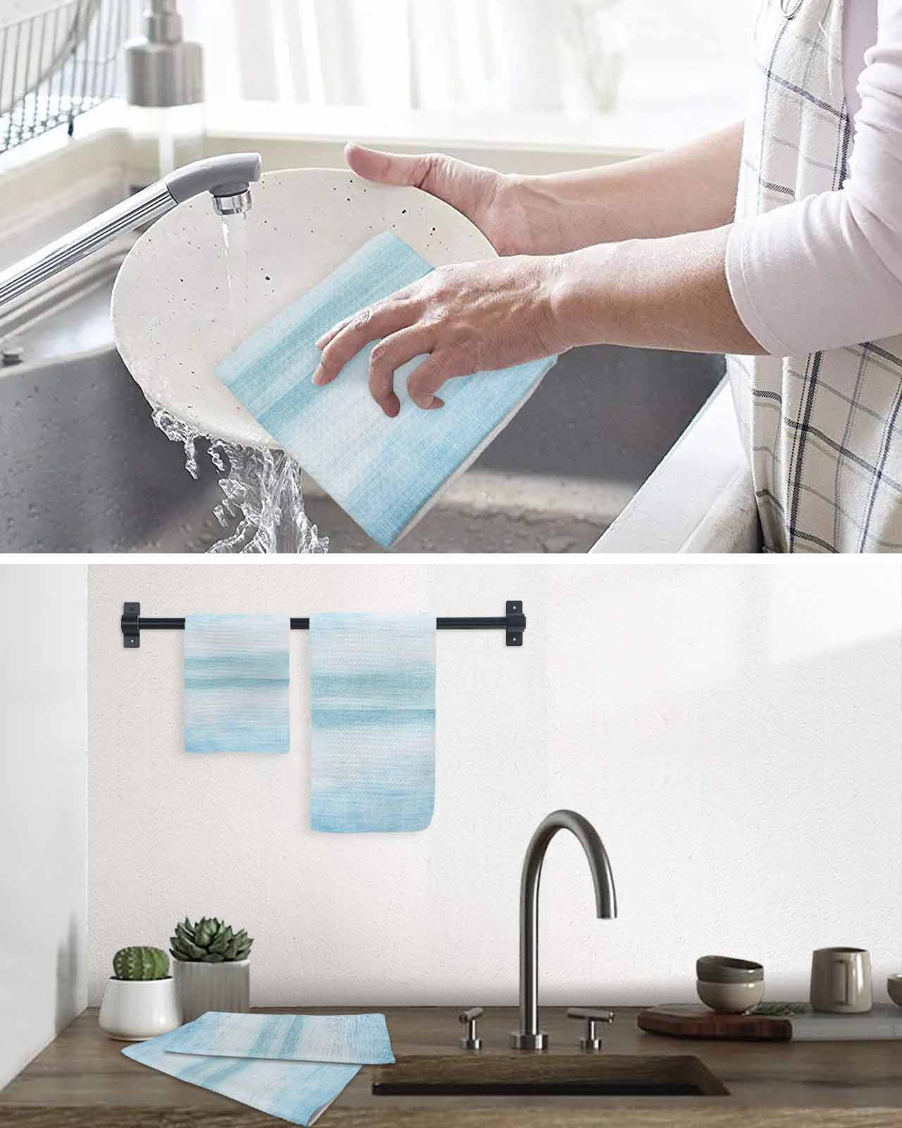 Gradient Aqua Blue Kitchen Dish Towels for Drying Dishes Set of 4, Modern Rustic Minimalist Pastel Solid Waffle Weave Microfiber Terry Hand Tea Bathroom Towels Quick Dry & Absorbent Towel 15.7x23.6