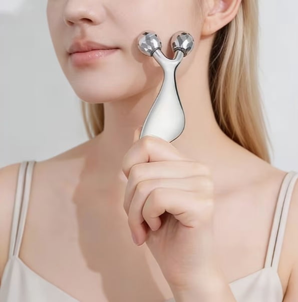 Dual-Purpose Gua Sha Massage Tool & 3D Facial Roller for V-Shaped Face - Metal Scraper for Skin Lifting and Facial Massage