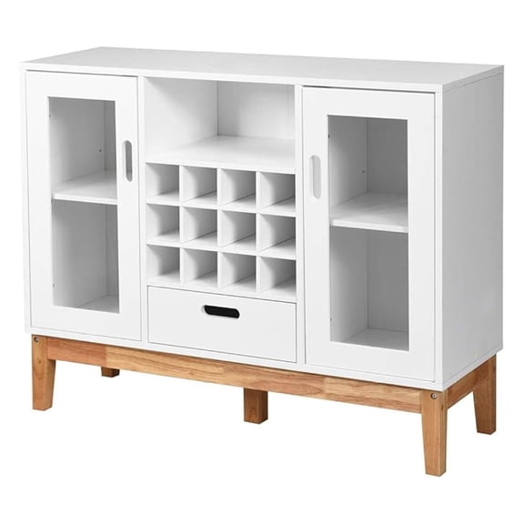 White Sideboard Buffet Storage Cabinet with Removable Wine Rack, Glass Doors, Open Shelf & Drawer, Wood Accent Console Table for Living Room, Entryway