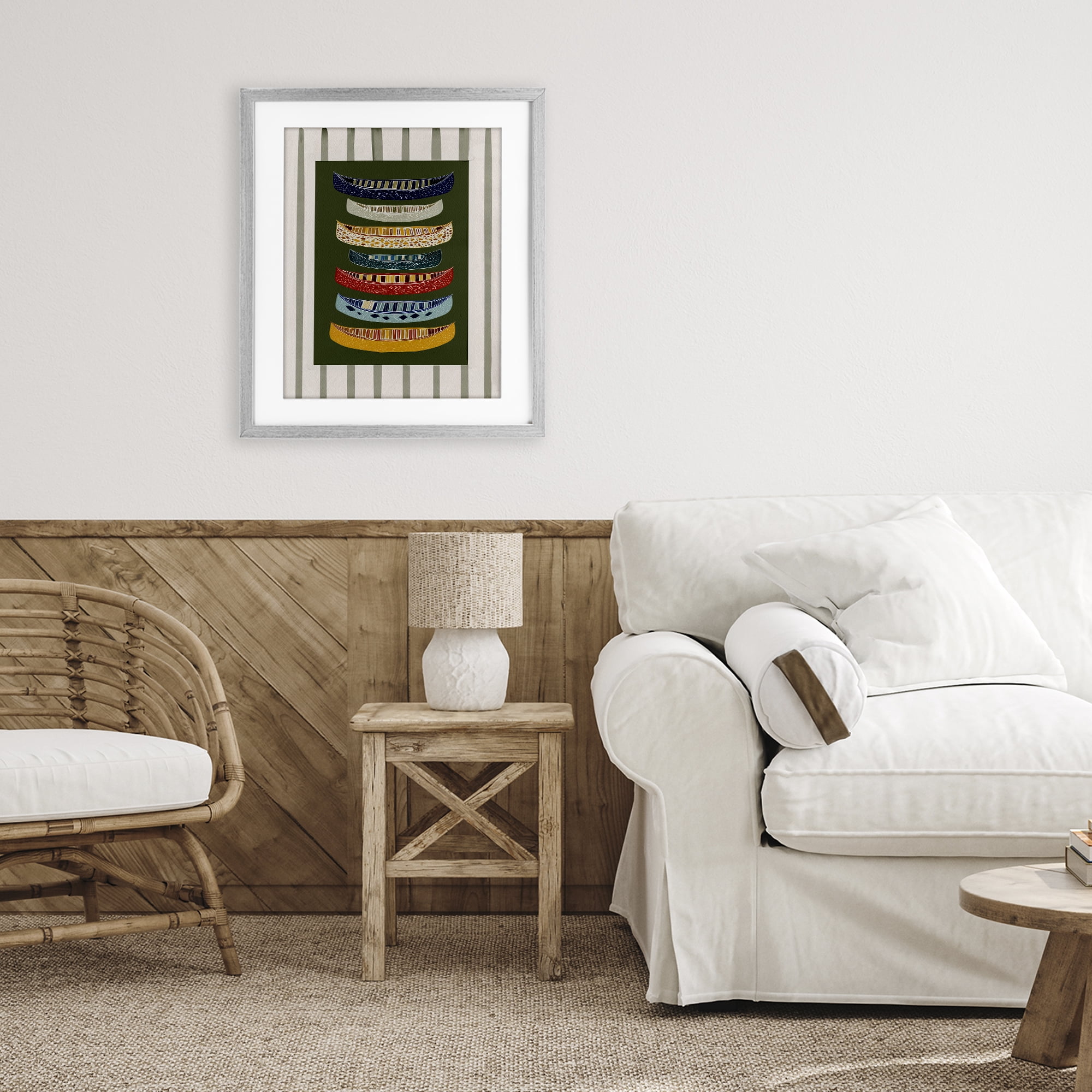 Stupell Industries Patterned Canoes over Stripes Gray Framed Print Under Glass, design by Yen