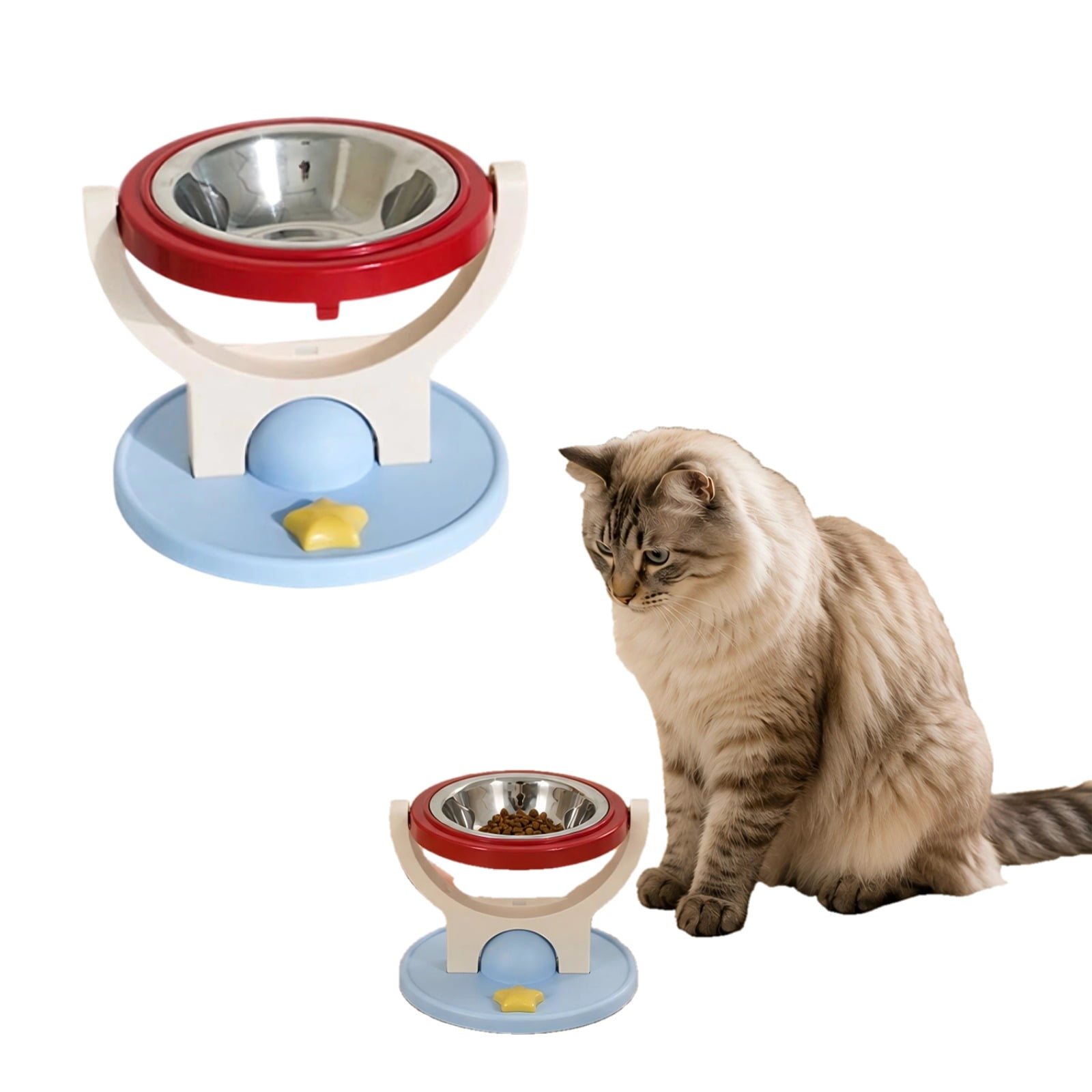 2026 Upgraded 2‑in‑1 Wall Mounted & Elevated Cat Bowl Elevated Cat Feeder Wall Mount Adjustable Anti Tip Pet Bowl Red Frame & Blue Base Stainless Steel Inner Bowl for Household Daily Feeding