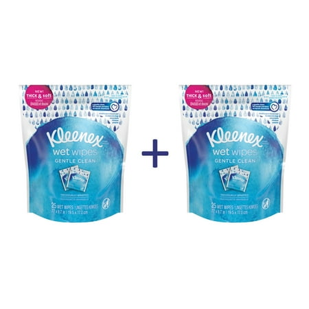Kleenex White Hard Roll - (2 Pack) Kleenex Wet Wipes Gentle Clean for Hands and Face, Individually Wrapped, 25 Wipes