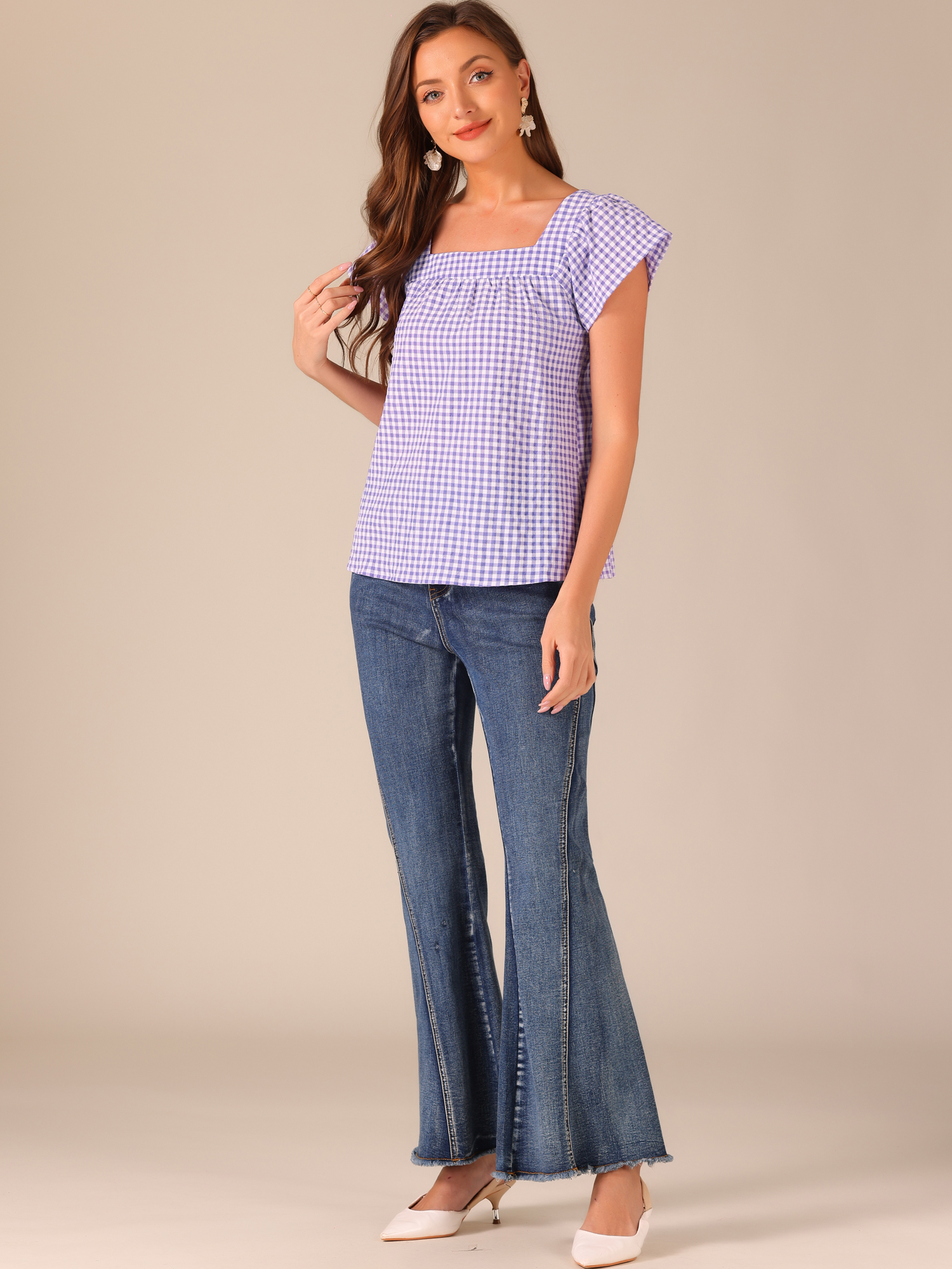 DARING DIVA Women's Summer Square Neck Gingham Cap Sleeves Blouses L Purple