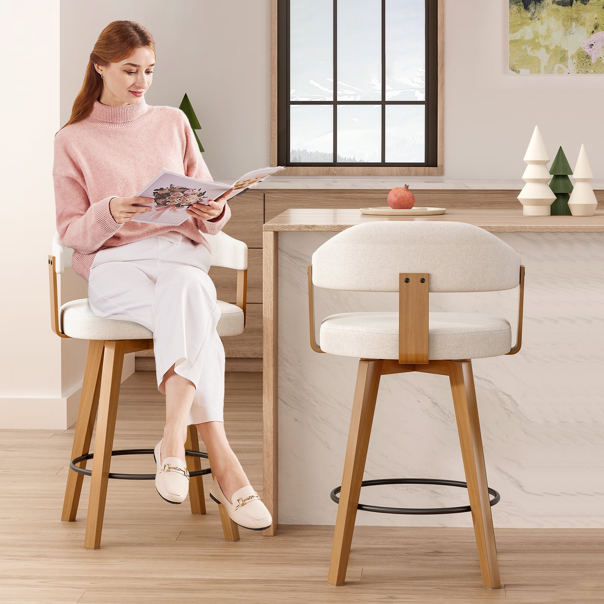 EYYTHUNG Swivel Bar Stools Set of 6, Modern Curved-Back 26-inch Counter Barstools with Armrests, Linen Upholstered Wooden Stools for Kitchen & Home Bar Seating, Beige