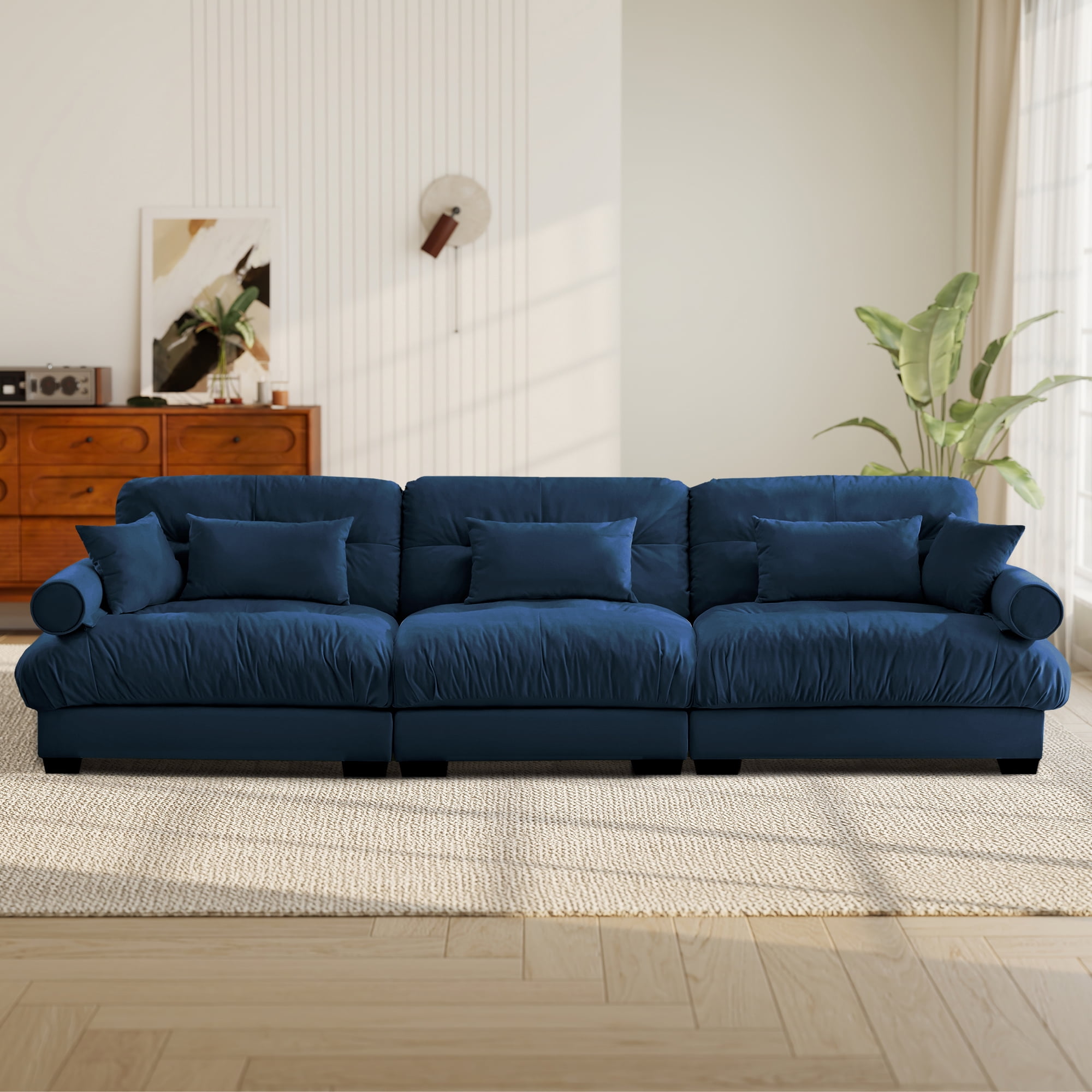 FFH 130" Modular Sectional Sofa, Oversized Modern 3 Seater Sofa Set, Tufted Cloud Couches for Living Room (Velvet Dark Blue, 3 Seater)