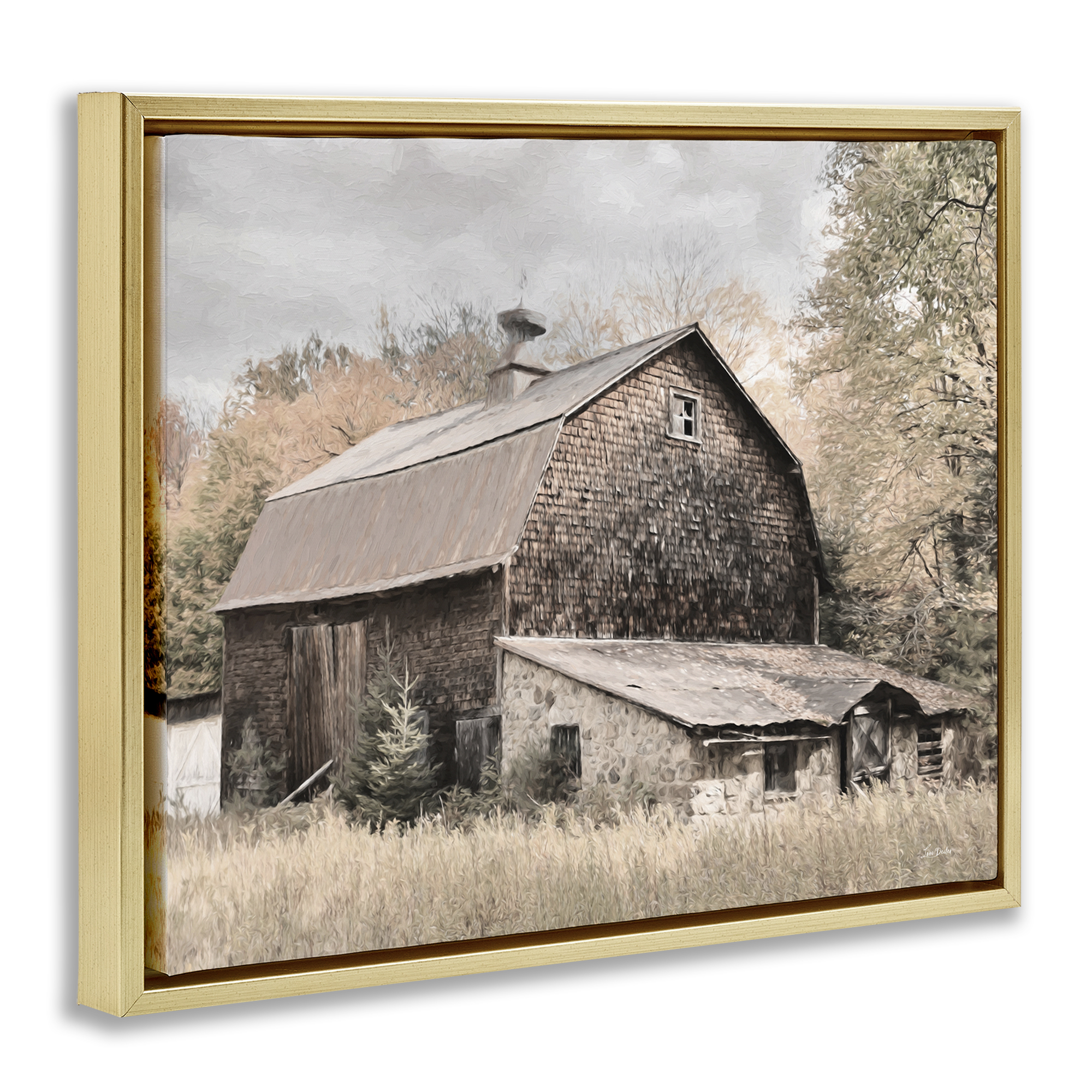 Stupell Industries Beige Rustic Barn Landscape & Nature Photography Gold Floater Framed Canvas Art Print Wall Art, 31 x 25