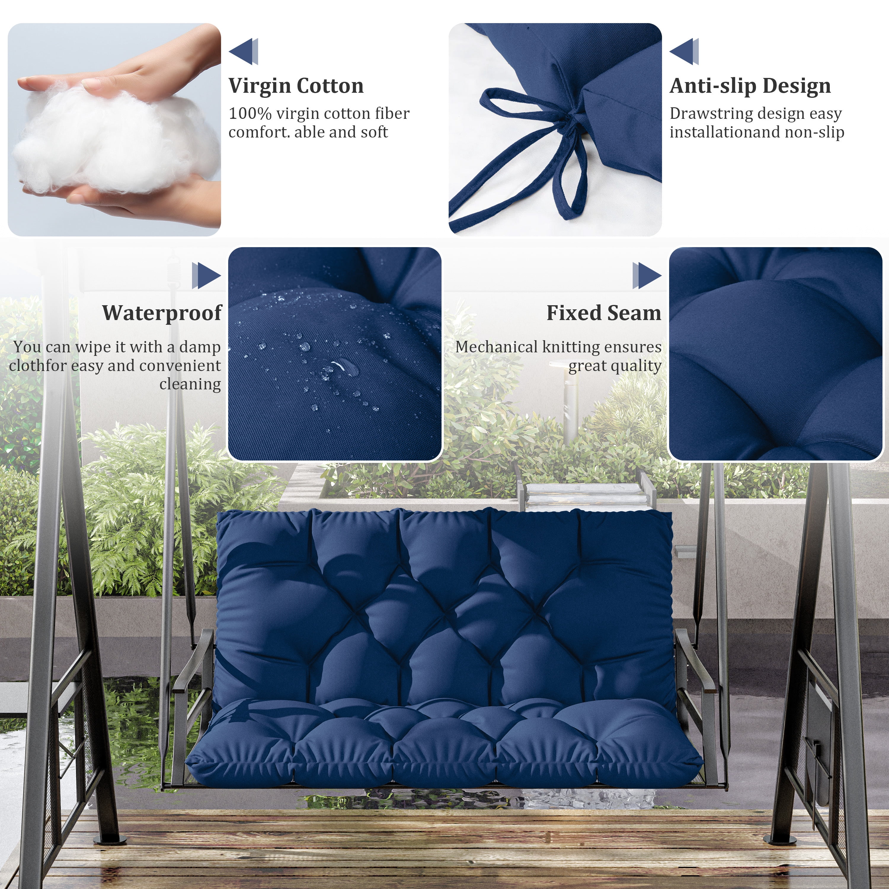 Kimunuk Outdoor Porch Swing Cushion, 40" X 40" X 5" Waterproof Bench Chair Replacement Cushion with 6 Ties for Patio, Blue