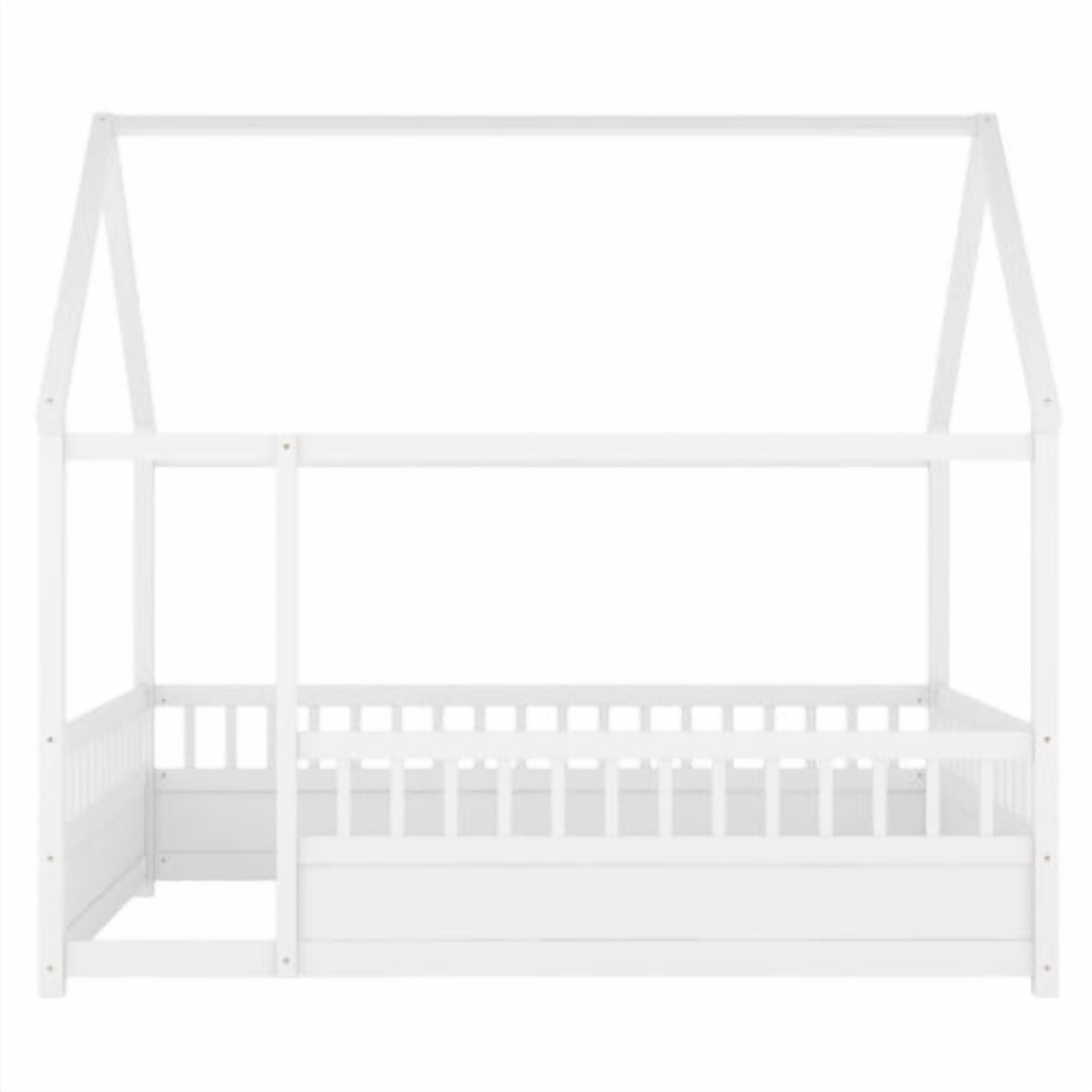 Bellemave Full Size House Floor Bed, Wood Full House Bed with Fence, Safe Playhouse Montessori Floor Bed, White