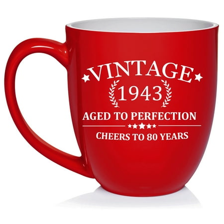 

Cheers To 80 Years Vintage 1943 80th Birthday Ceramic Coffee Mug Tea Cup Gift for Her Him Men Women Mom Dad Grandma Grandpa Party Favor Friend Husband Wife Anniversary (16oz Red)