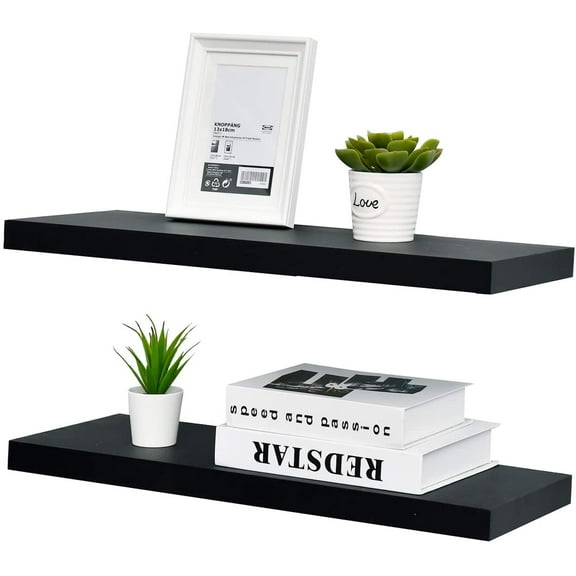 WELLAND 24 Inch Simons Wood Modern Floating Shelf Wall Mounted Display Shelves, Set of 2, 24"L x 8"D x 1.25"T, Black