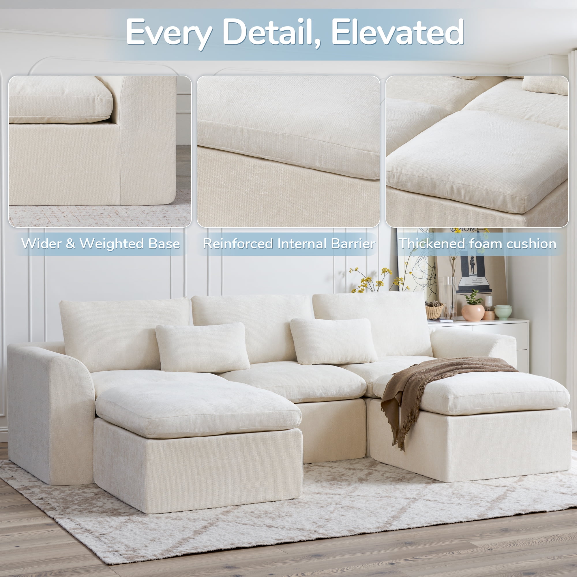 YINIX 120" Modular Sectional Sofa with Movable Ottomans, U-Shaped Couch for Living Room, No Assembly Required, Beige