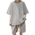 thumbnail image 1 of Conjunto de 2 piezas de verano para hombre, camisas y pantalones cortos de manga corta de punto gofre, chándal informal elegante para uso diario en la calle al aire libre, gris claro L, 1 of 8