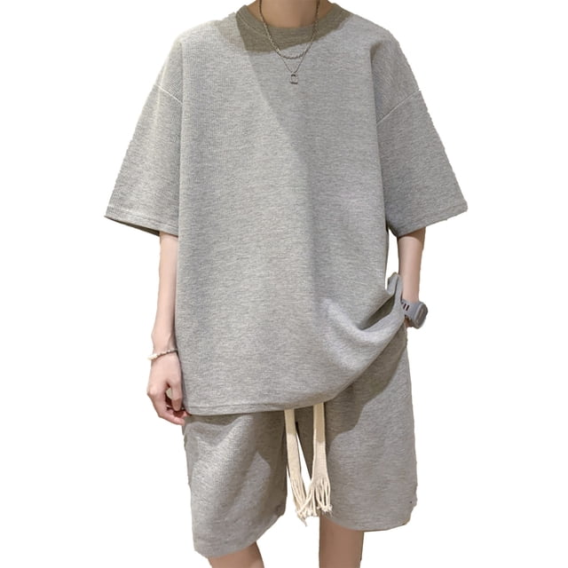 Conjunto de 2 piezas de verano para hombre, camisas y pantalones cortos de manga corta de punto gofre, chándal informal elegante para uso diario en la calle al aire libre, gris claro L
