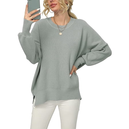 Baqcunre Sweaters For Women Women S Long Sleeve Crewneck Side Slit Ribbed Knit Pullover Sweater Tops Hoodies For Women Womens Fall Fashion 2023 Grey S