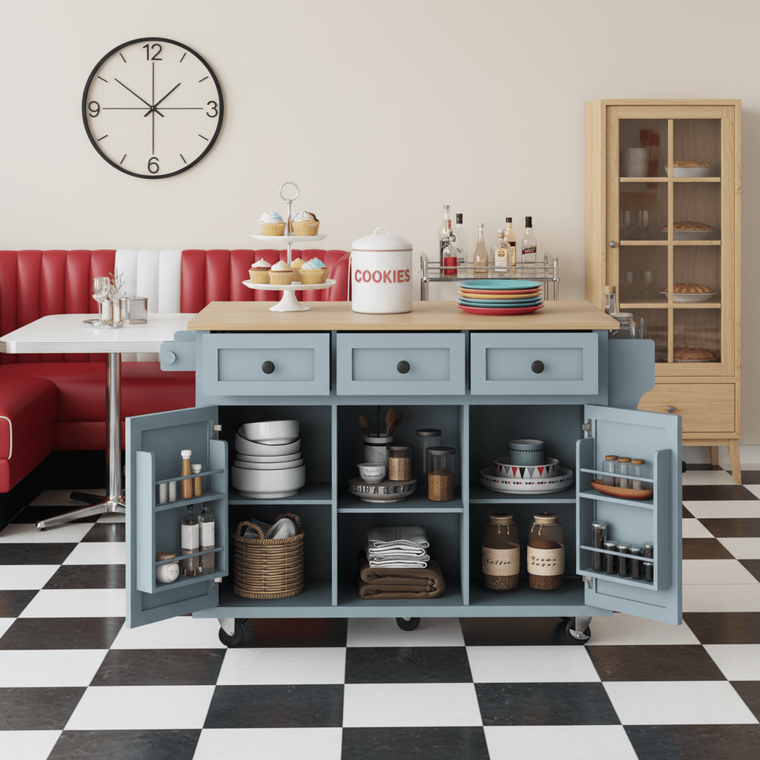 Homy Casa Kitchen Serving Cart with Folding Top Drop Leaf, Storage Cabinet and Wheels, Grey Blue