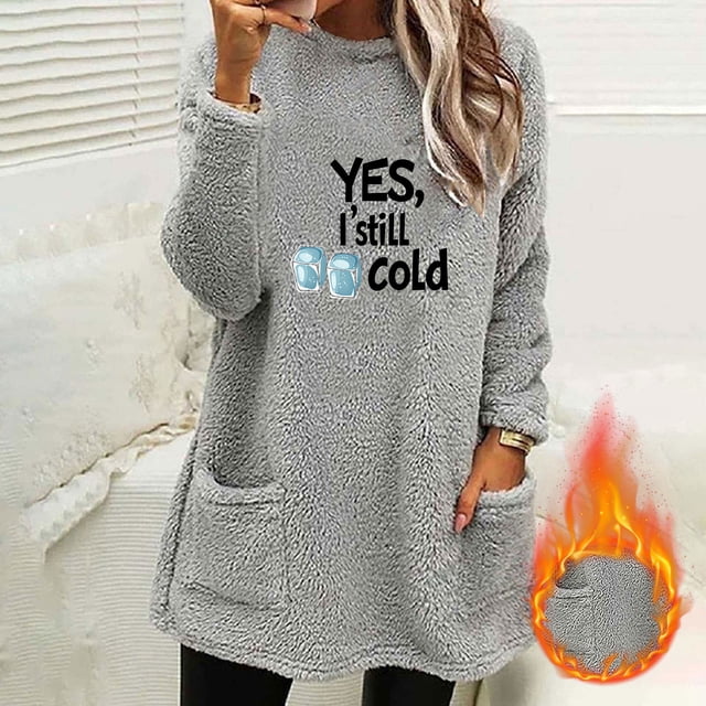 Heisall Womens Autumn Winter Fleece Sweatshirts Round Neck Letter Print Pocket Long Sleeve Thickened Warm Casual Daily Wear