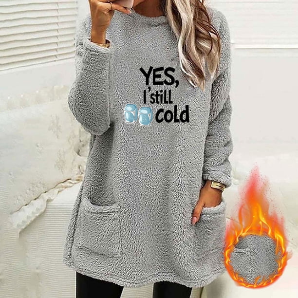 Heisall Womens Autumn Winter Fleece Sweatshirts Round Neck Letter Print Pocket Long Sleeve Thickened Warm Casual Daily Wear