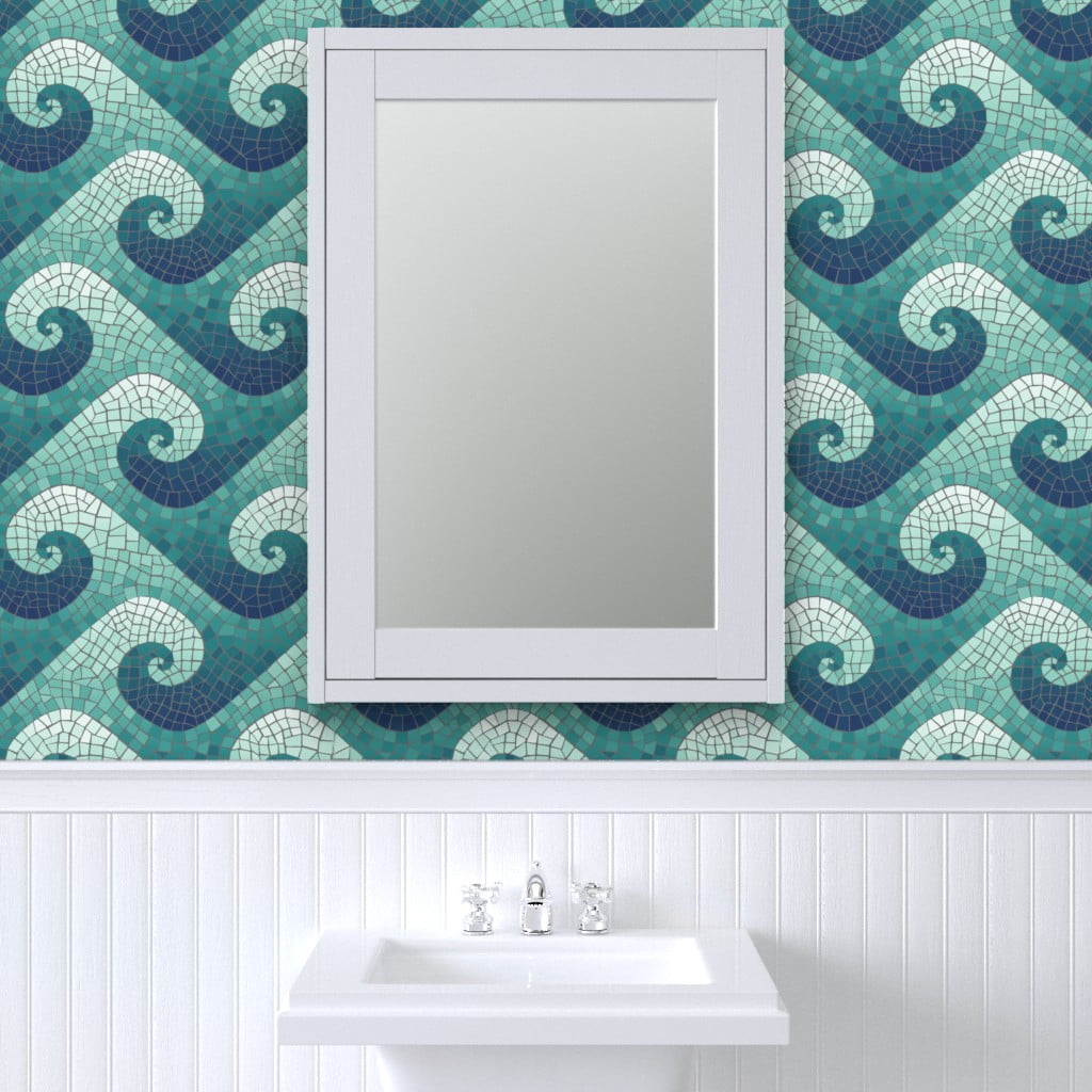 Peel & Stick Wallpaper 9ft x 2ft - Wave Mosaic Navy Teal White Blue