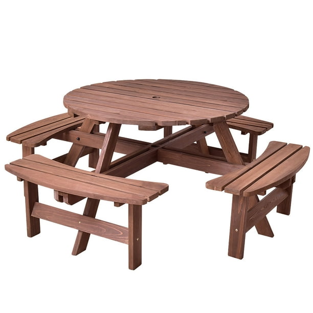Costway Patio 8 Seat Wood Picnic Table, Wooden Bench Table Set Outdoor