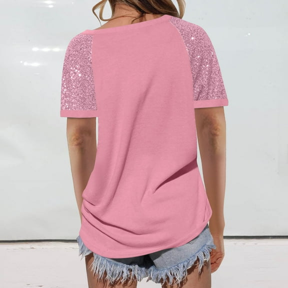 Women Glitter Short Sleeve Shirts Pullover Tops Casual Crewneck Tee Fashion Blouses Summer Outfit
