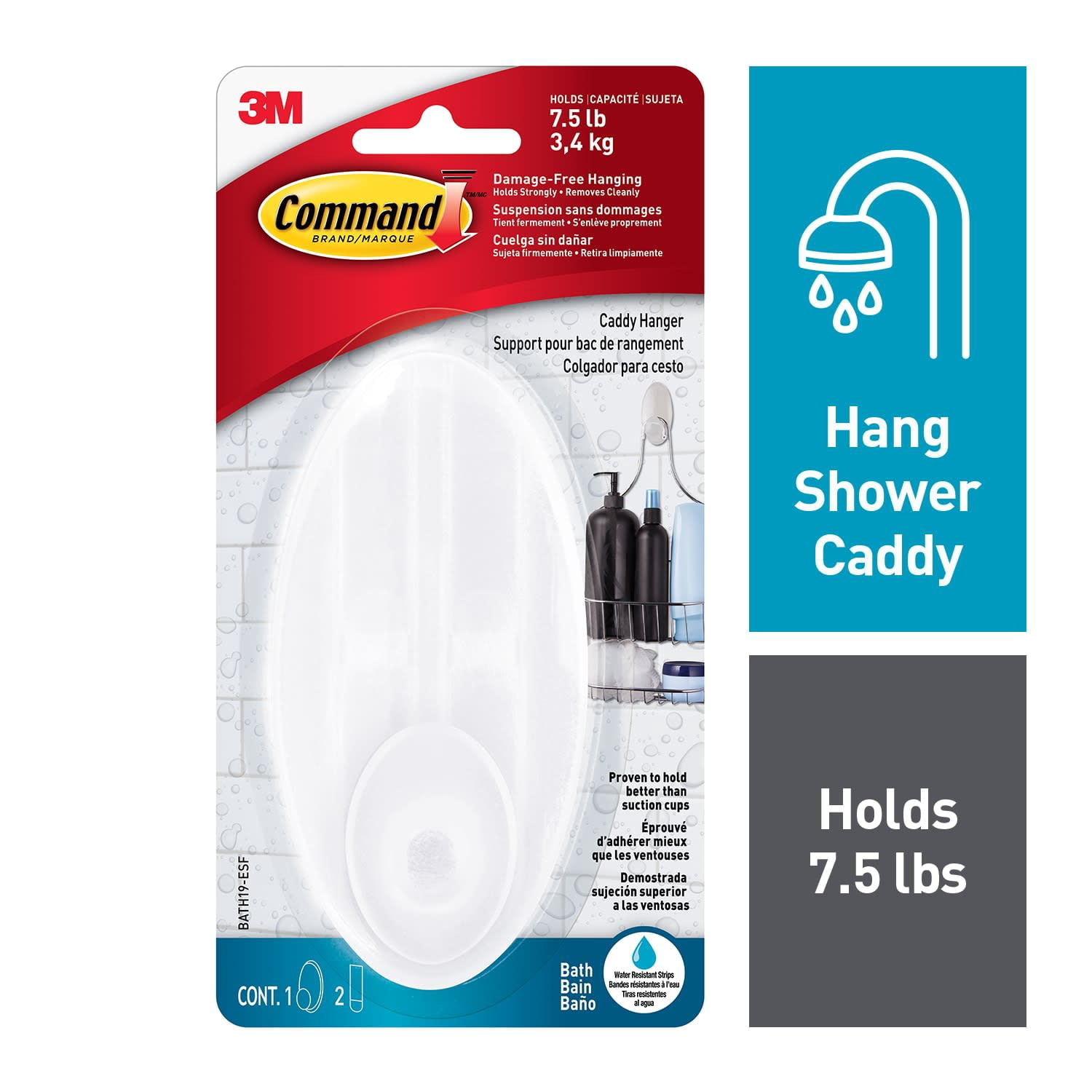 (4 pack) Command Large Caddy Hanger, Frosted Finish, Plastic, 1 Wall Hanger, Bathroom Organization
