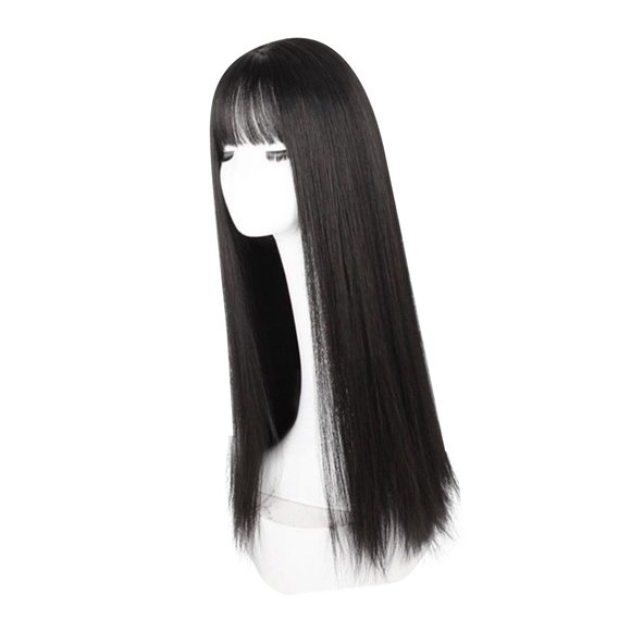 Peluca larga negra recta con flequillo para mujer, resistente al calor, elegante, sintética, de moda, de 28,3 pulgadas