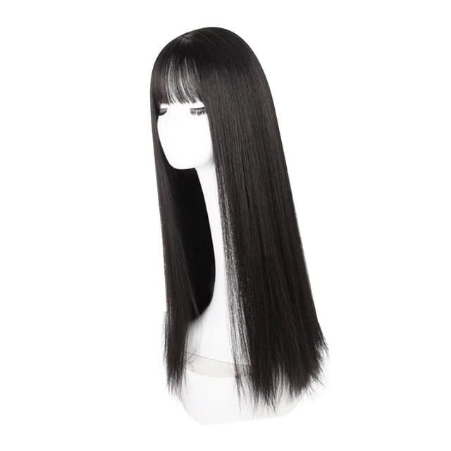 Peluca JadeshayMX Larga y Recta Sintética Negra con Flequillo Resistente al Calor 28.3 pulgadas