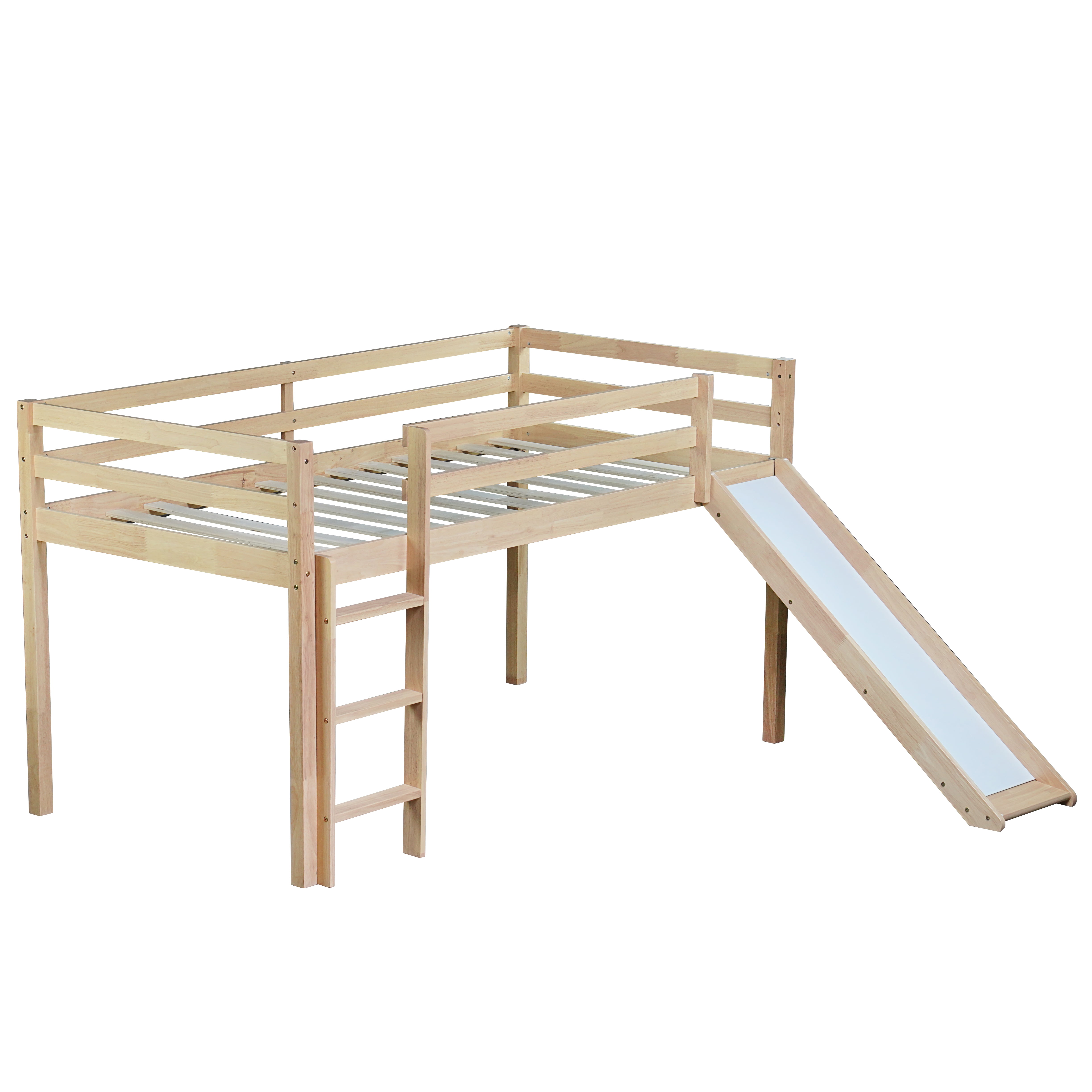 Miniyam Wood Twin Size Loft Bed with Slide, Ladder, Guardrails for Kids, Oak