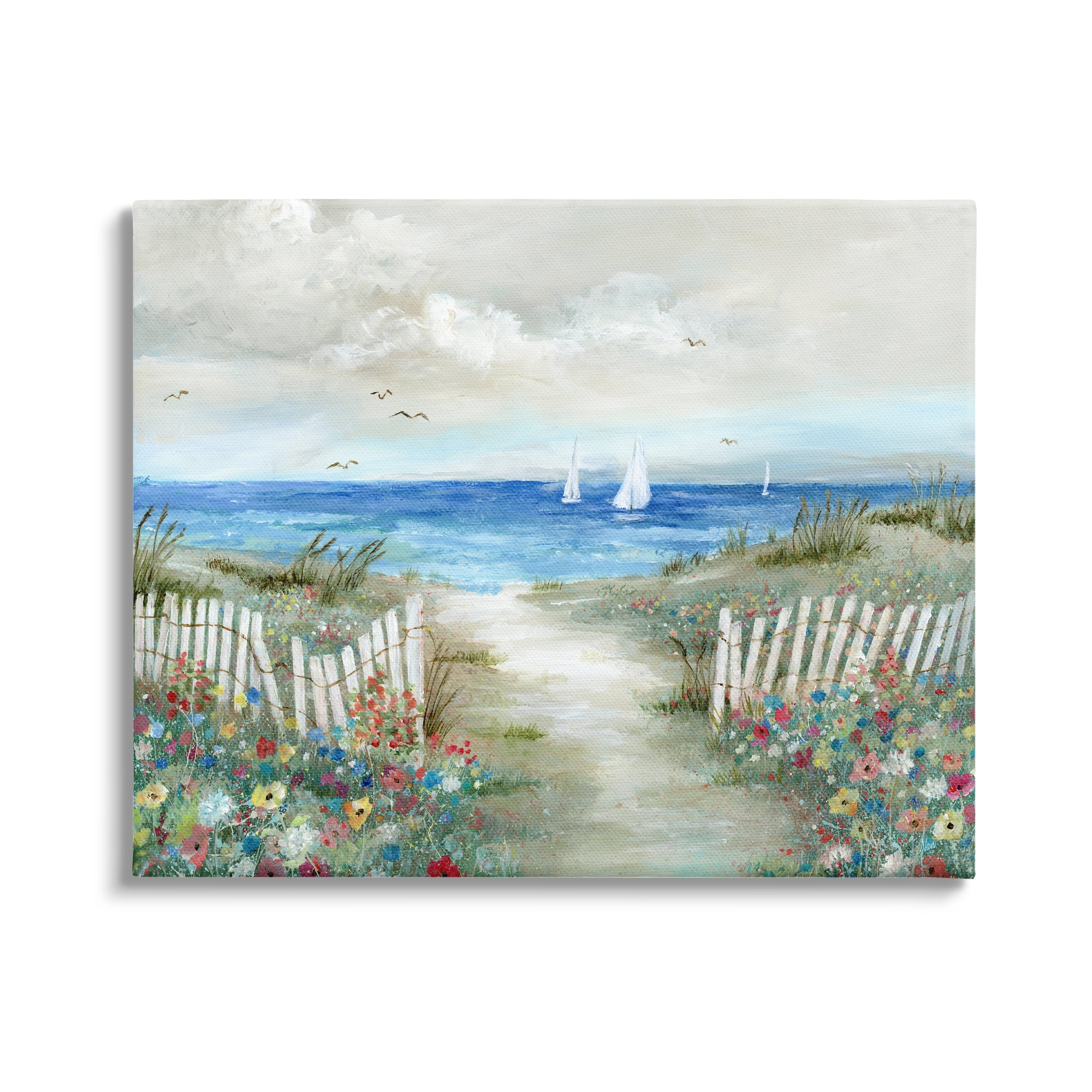 Stupell Industries Tranquil Beachside Flower Meadow Ocean Sailboats