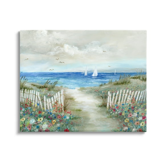 Stupell Industries Tranquil Beachside Flower Meadow Ocean Sailboats Scene Painting Gallery Wrapped Canvas Print Wall Art, Design by Nan
