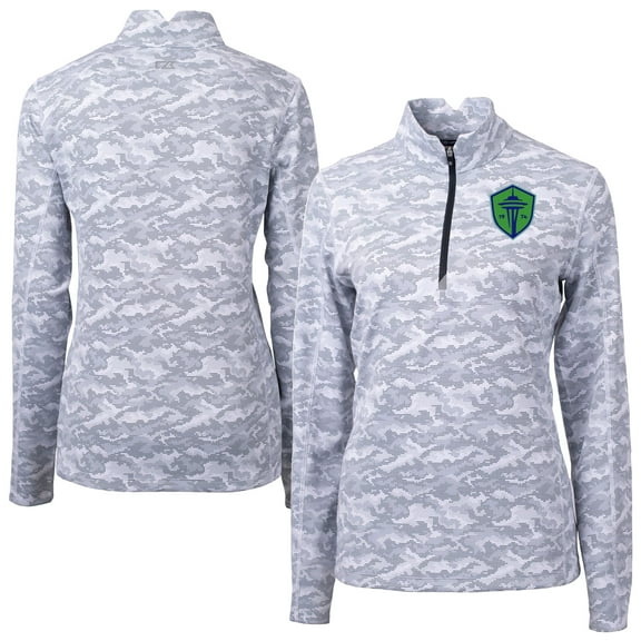 Women's-Cutter & Buck  Heather Black Seattle Sounders FC Traverse Stretch Eco Camo Print Quarter-Zip Pullover Top