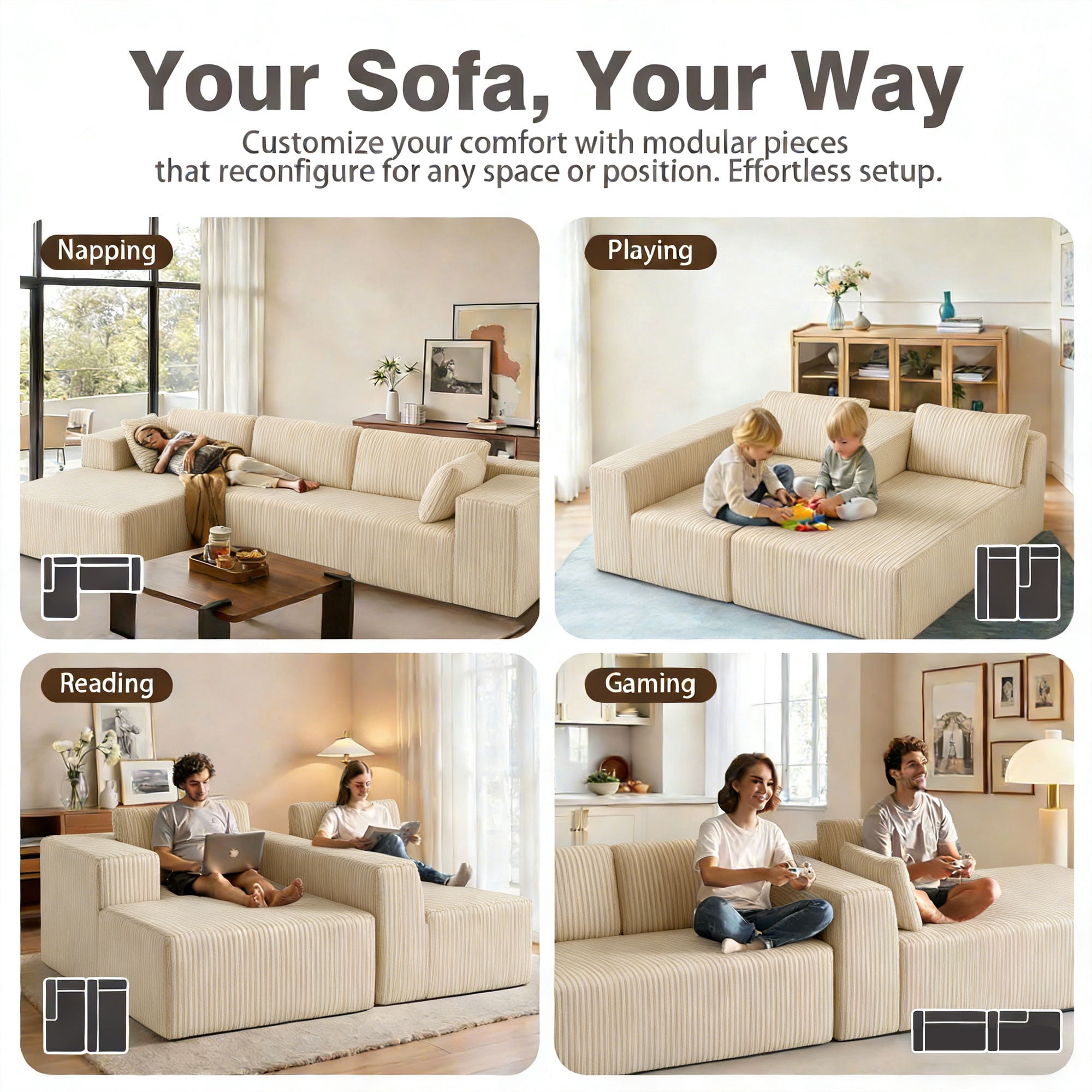 ROOMARK 104.3" L Shaped Sofa Modular, Corduroy Cloud Couches with Deep Seats &High-Back, Upholstered Couches for Living Room Bedroom with Chaise, No Assembly Required