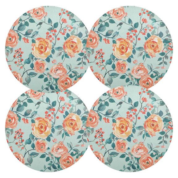 Ryvnso Rose Flower with Leaves Round Plate Mats Dining Table Placemat Set of 4 for Holiday Decoration