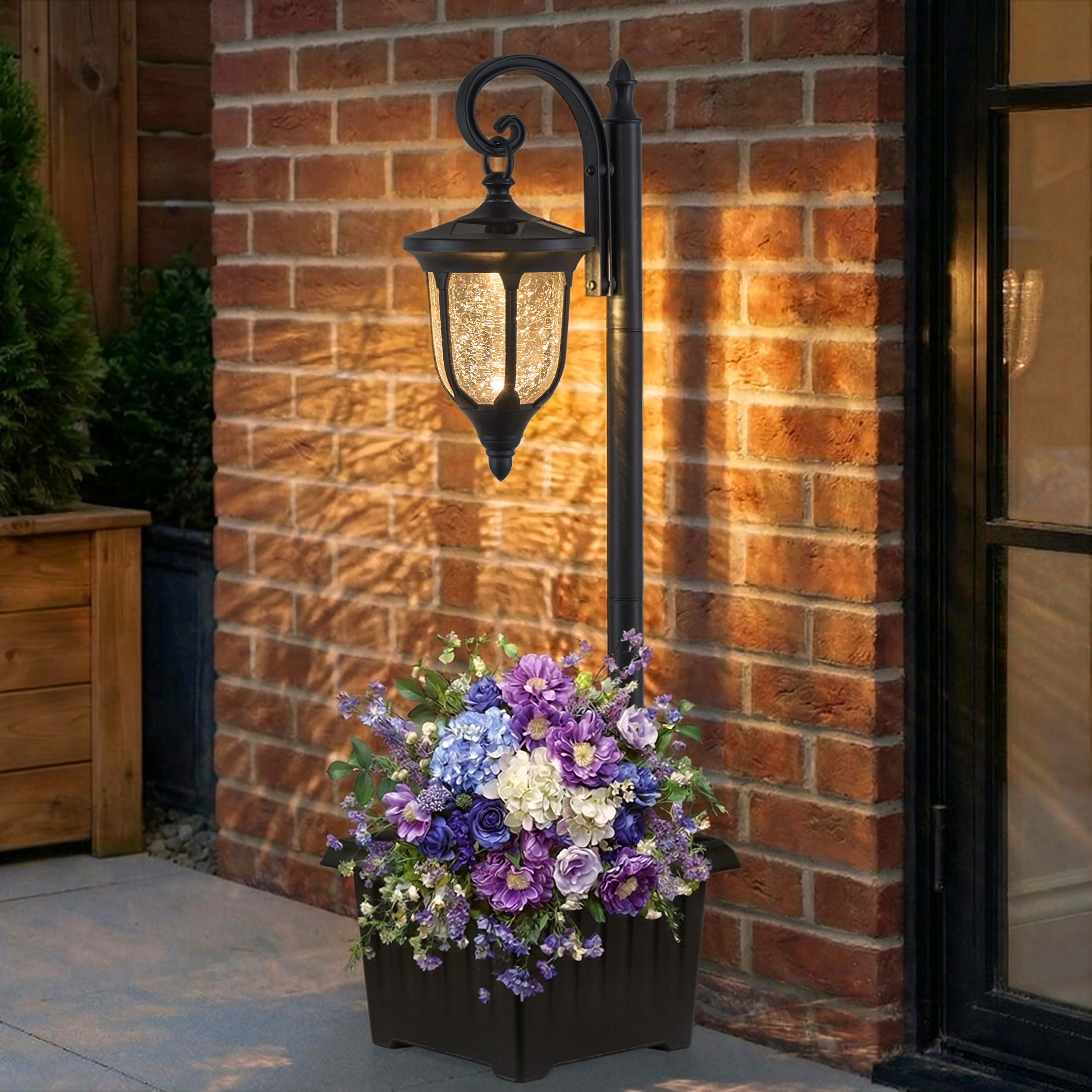 C Cattleya 1-Light Black Solar Outdoor Post Light with Planter and Crackle Glass