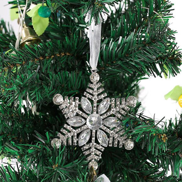 Zenithome Rhinestone Snowflake Christmas Tree Ornament, Metal Pendant Decor with Transparent Bright Pewter Finish for Holiday Home Display