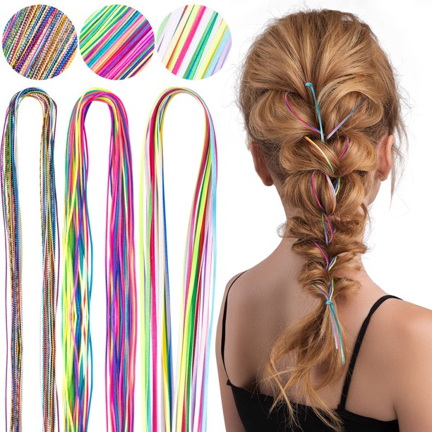 HINZIC 104 piezas 4 juegos de cuerdas de pelo coloridas para trenzas DIY extensiones de cabello de niña africana banda de cuerda degradada multi arco iris trenzado lazo elástico accesorios para cola d