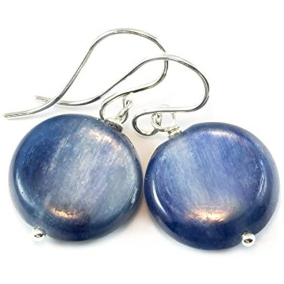 Sterling Silver Kyanite Earrings Deep Blue Smooth Round Puffed Button Simple Dangle Drops Spyglass Designs Designed for Adult Women