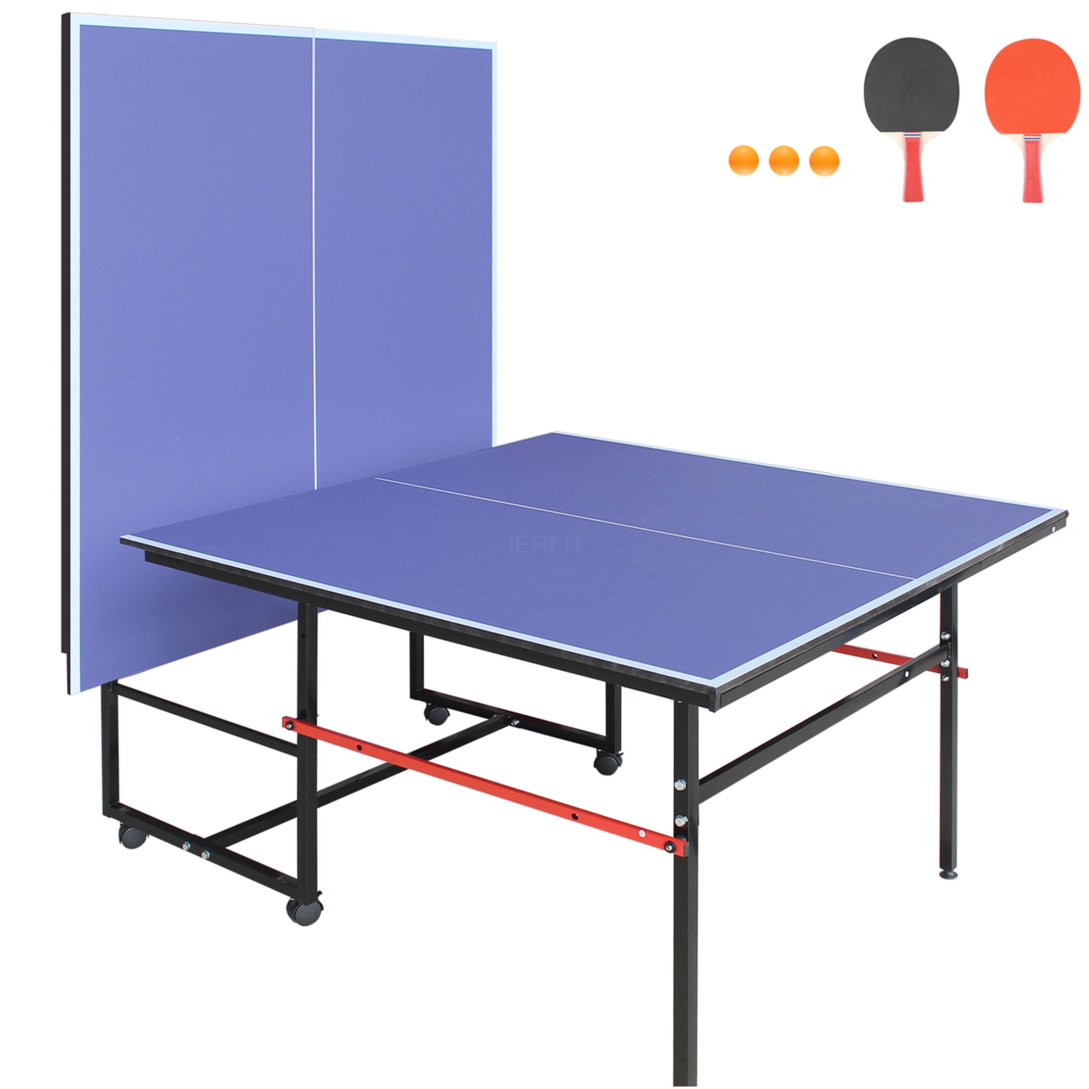 JERFIT 8ft Portable Ping Pong Table Set, Foldable MDF Surface Indoor Game Table with Net, Paddles & Balls, Blue