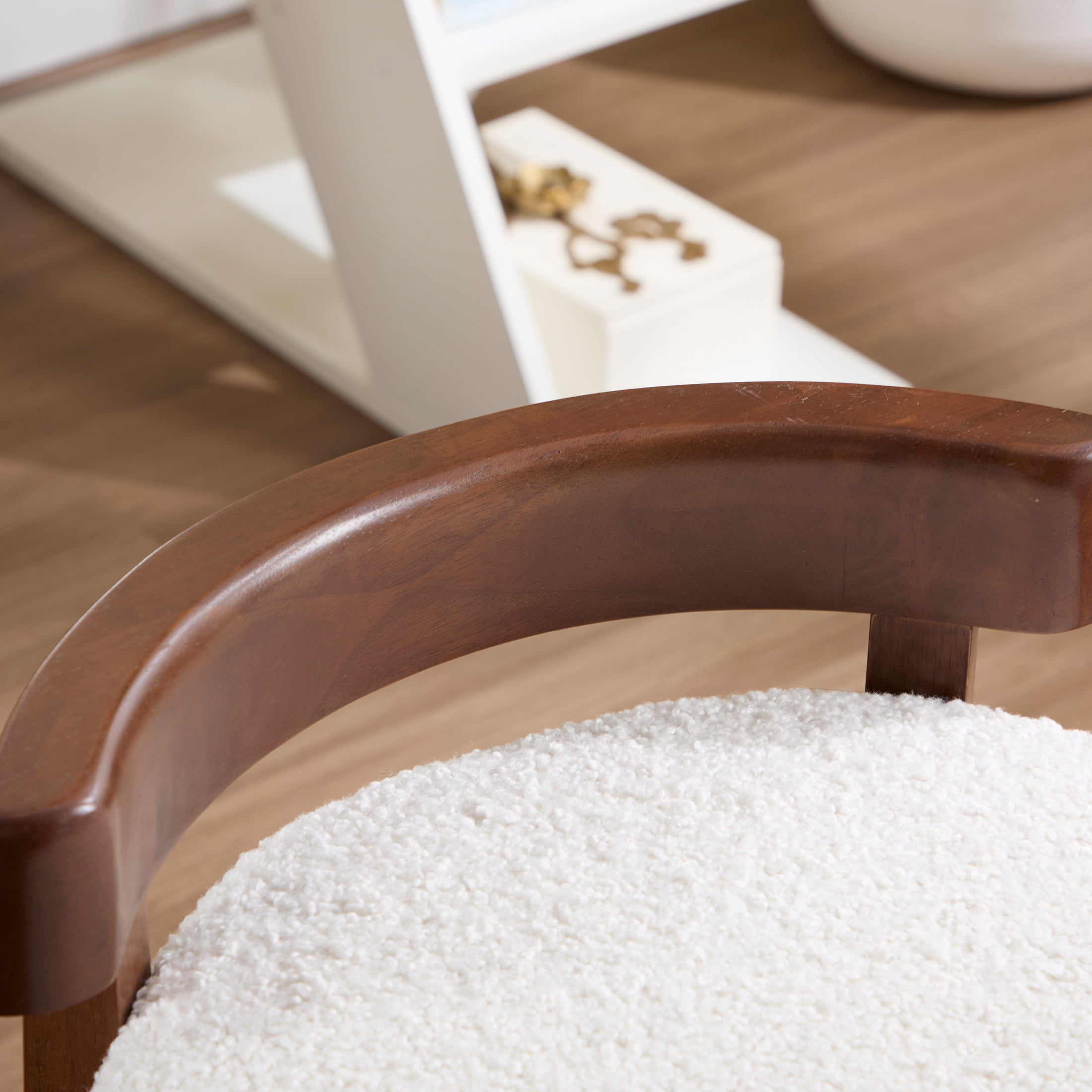 Guyou Wooden Vanity Chair, Modern Sherpa Upholstered Small Ottoman Footstool, Lovely Round Makeup Stool for Bedroom Living Room Makeup Room, White