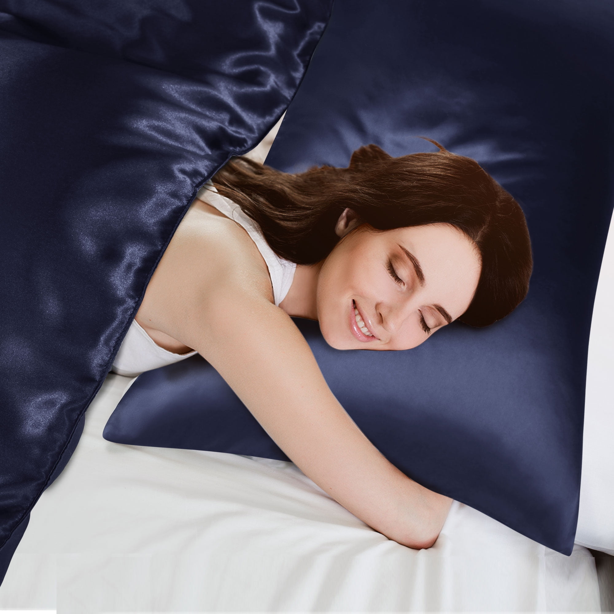 Unique Bargains Satin Duvet Cover Set of 3 with 2 Pillowcase Queen Navy