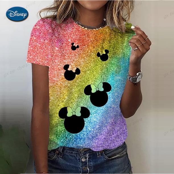 Disney Cartoon Tee Shirt Mickey Mouse Women Short Sleeve Print Love Sweet Cute 90s Clothing Casual Fashion Graphic T-shirts5XL Gao Jinjia LED