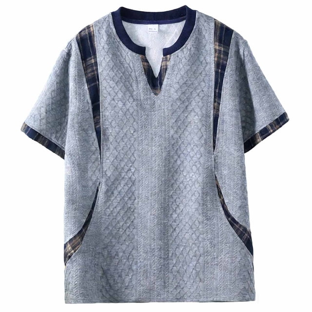 Blusas y camisas de manga corta con cuello en V para hombre, top de verano de manga corta con cuello en V y empalme a cuadros, top/camisa de manga corta con cuello en V para hombre, tops para hombre