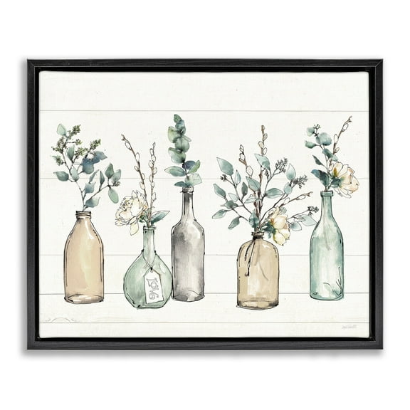Stupell Industries Bottles And Plants Farm Wood Textured Design Jet Black Framed Floating Canvas Wall Art, 16x20, by Anne Tavoletti