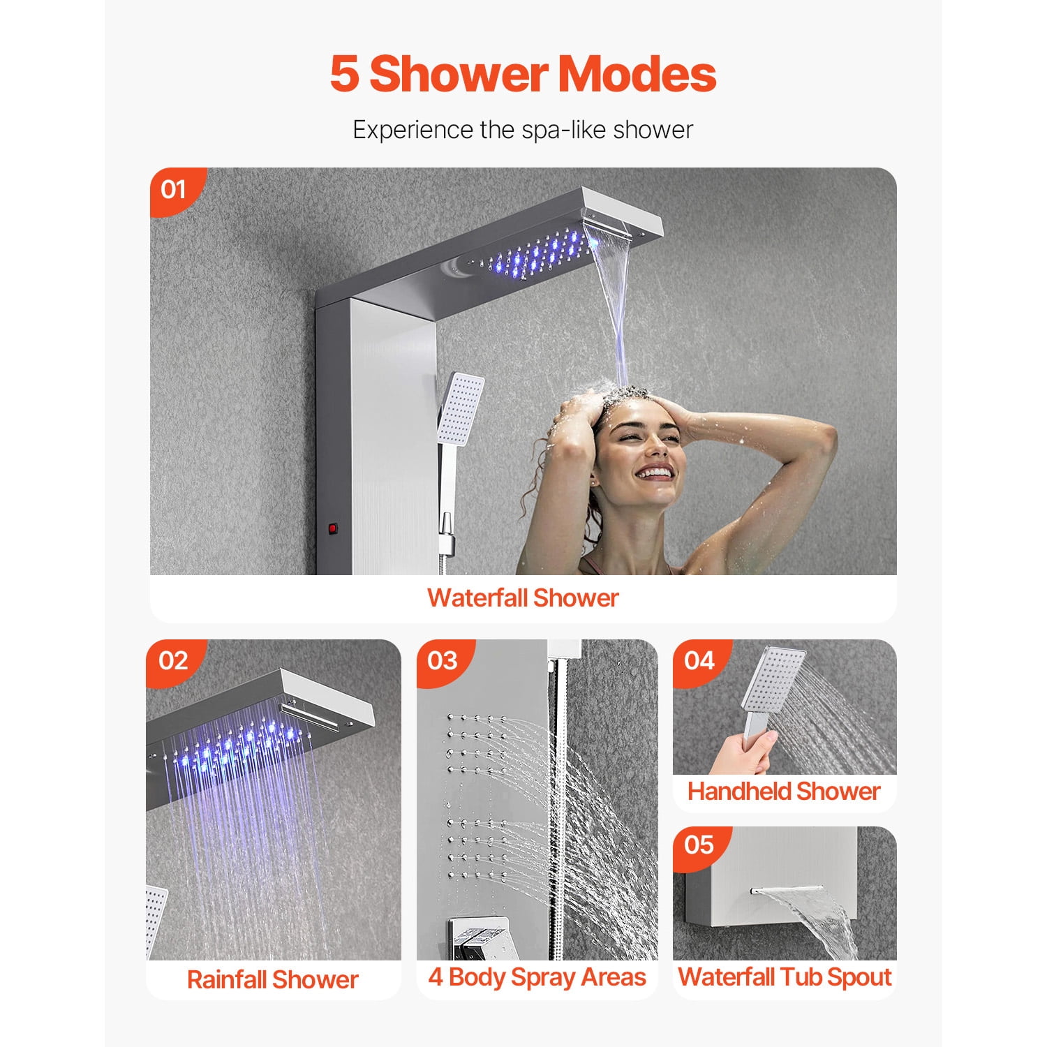 KFFKFF Shower Panel Tower System, Incorporating Rainfall Waterfall Shower Head, LED, 53 in Brushed Stainless Steel Shower Column, 5-Function Faucet, Wall-Installed Rain Massage System